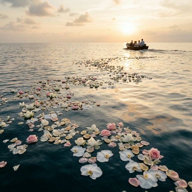 穏やかな海に花びらを散らす海洋散骨のイメージ